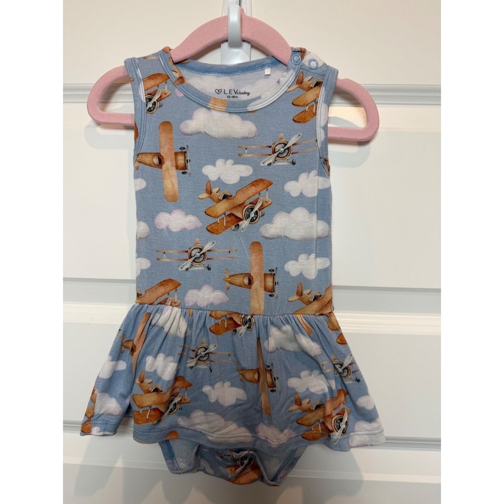 LEV baby Blue Bamboo Airplane Print Sleeveless Romper Dress 12-18m